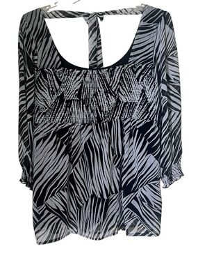 AGB Black White Zebra Print Smocked Sheer 3/4 Sleeve Boho Top Flowy Blouse sz L
